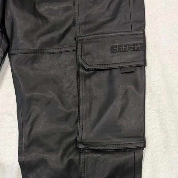 Men's Hudson Faux Leather Black Walker Kick Flare Cargo Pants New Size 30